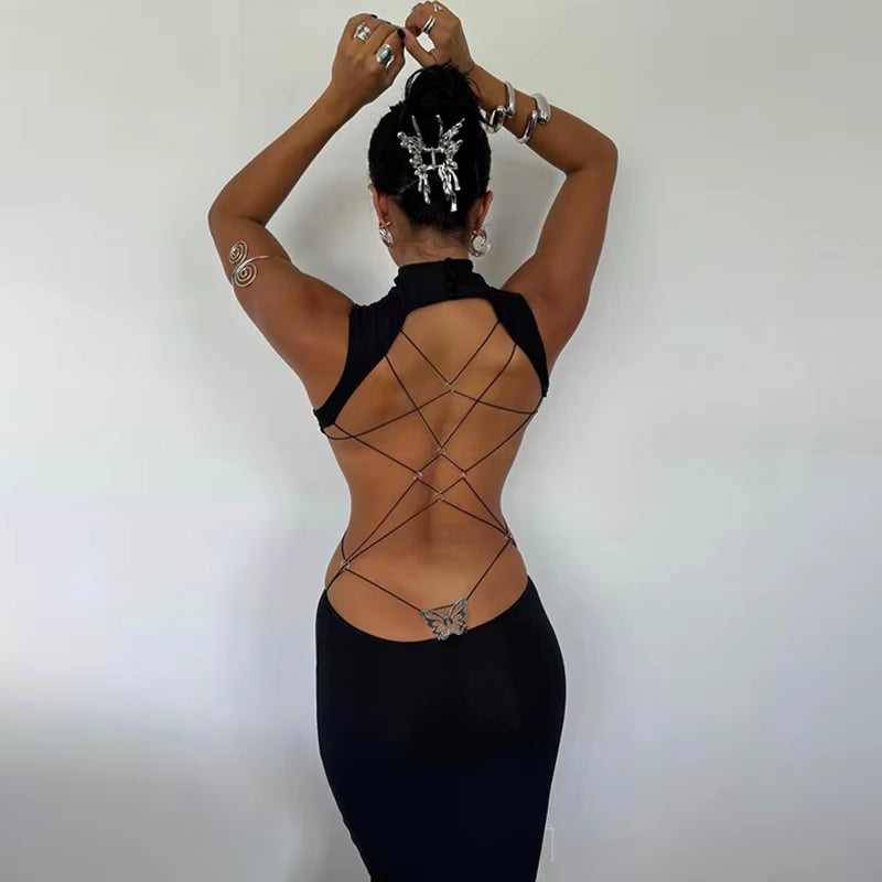 Sexy Backless Bandage Butterfly Detail Long Dress Club Party Summer Sleeveless Maxi Dresse Elegant Outfits Robe