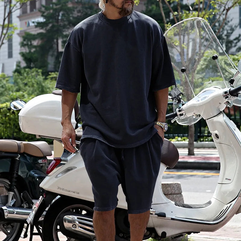 Summer Large Cotton Men Set Casual Sports round Neck