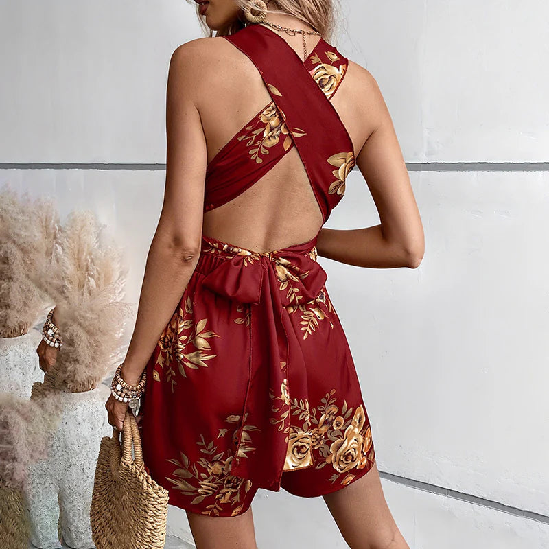 Women Floral Print Deep V Neck Tie Sleeveless Jumpsuit