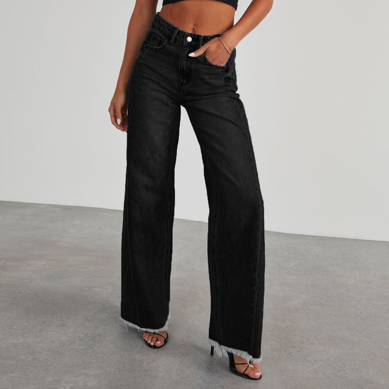 Fashion High Waist Jeans with Pockets Comfortable Slim Fit Straight Wide-Leg Pants Womens Clothing