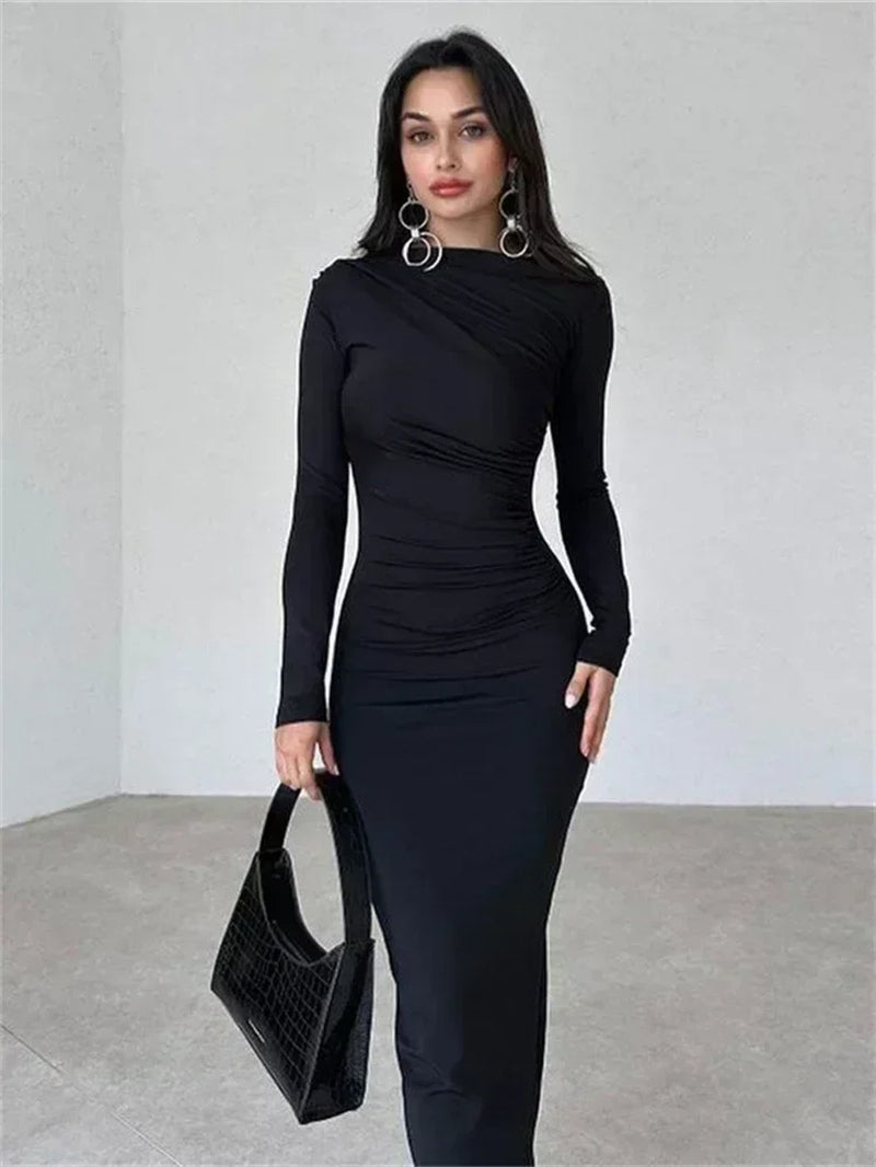 Fashion Pleated Autumn Dress Patchwork Elegant Women Long Sleeve Solid Vestidos Slim High Waist Bodycon Maxi Dress 2023