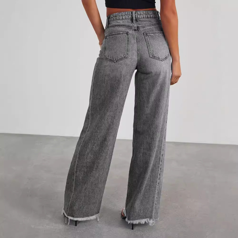 Fashion High Waist Jeans with Pockets Comfortable Slim Fit Straight Wide-Leg Pants Womens Clothing