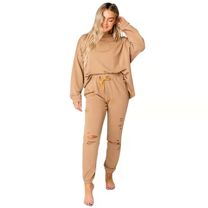 Women's Solid Color Ripped round Neck Pullover Cotton Suit 2 piece