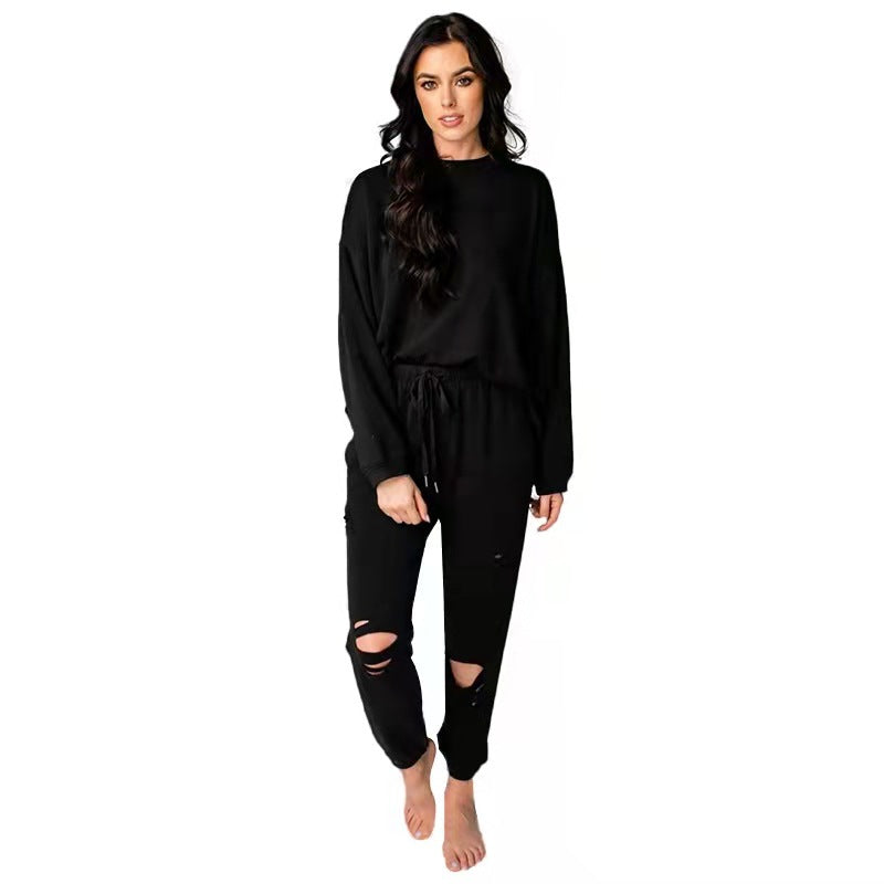 Women's Solid Color Ripped round Neck Pullover Cotton Suit 2 piece