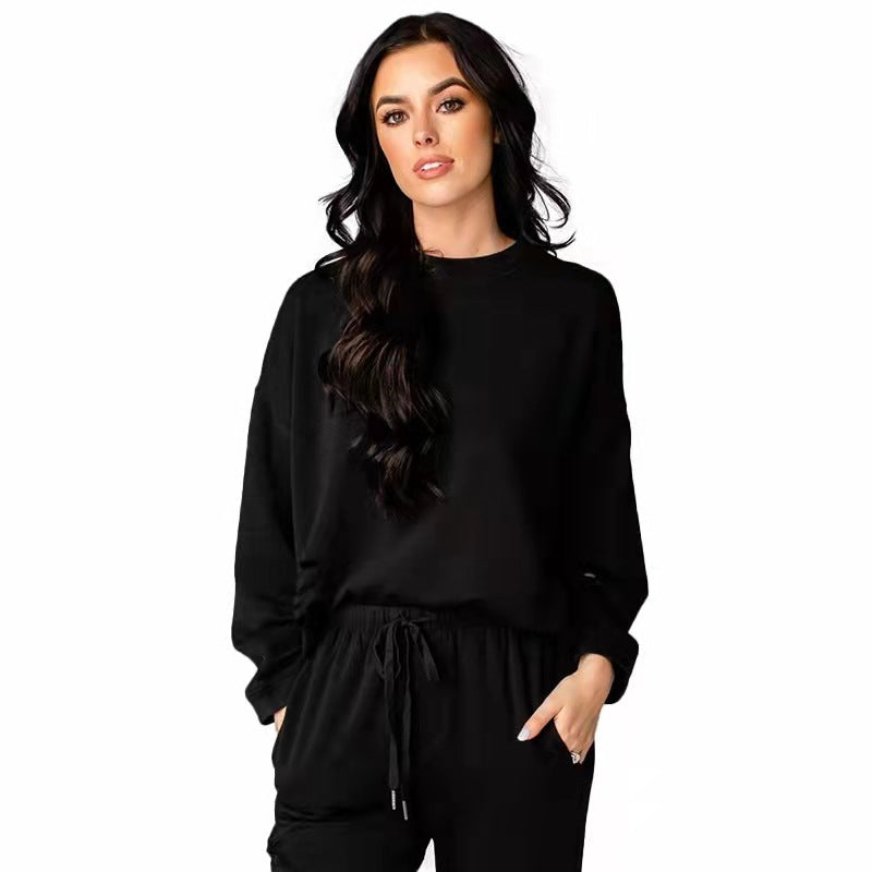 Women's Solid Color Ripped round Neck Pullover Cotton Suit 2 piece