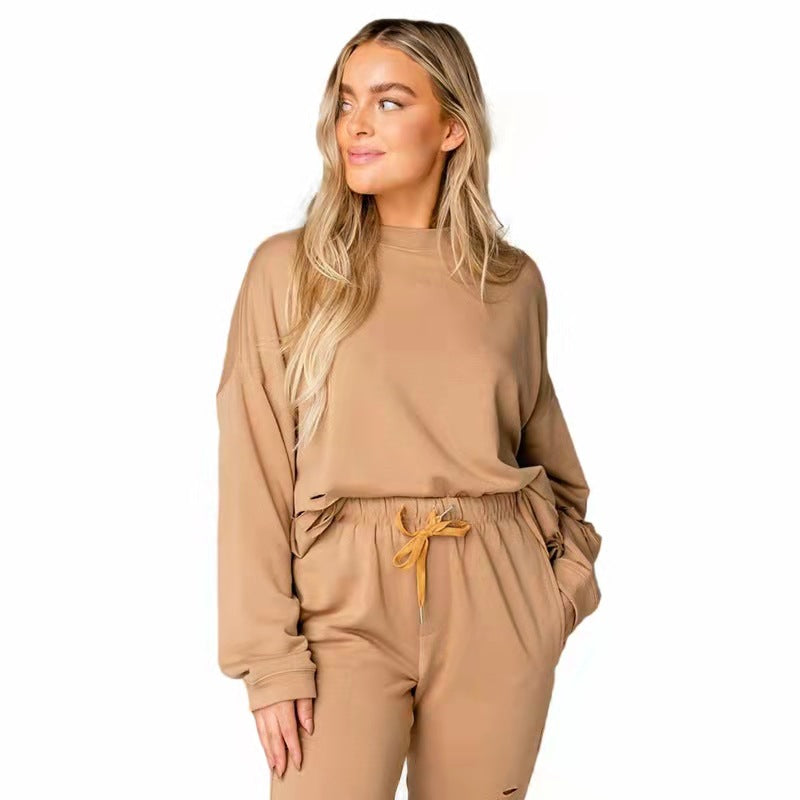 Women's Solid Color Ripped round Neck Pullover Cotton Suit 2 piece