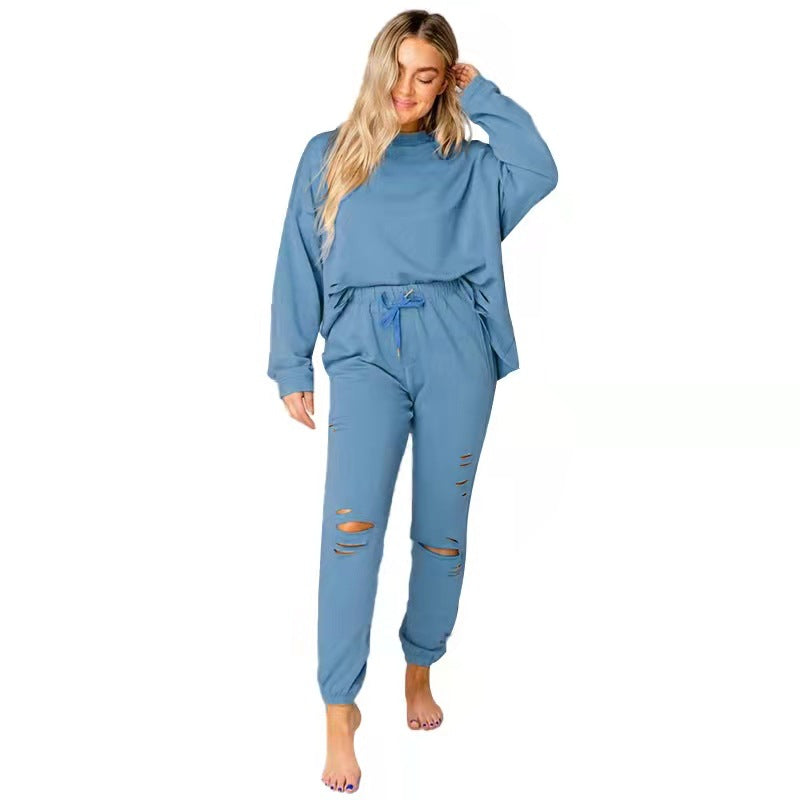 Women's Solid Color Ripped round Neck Pullover Cotton Suit 2 piece