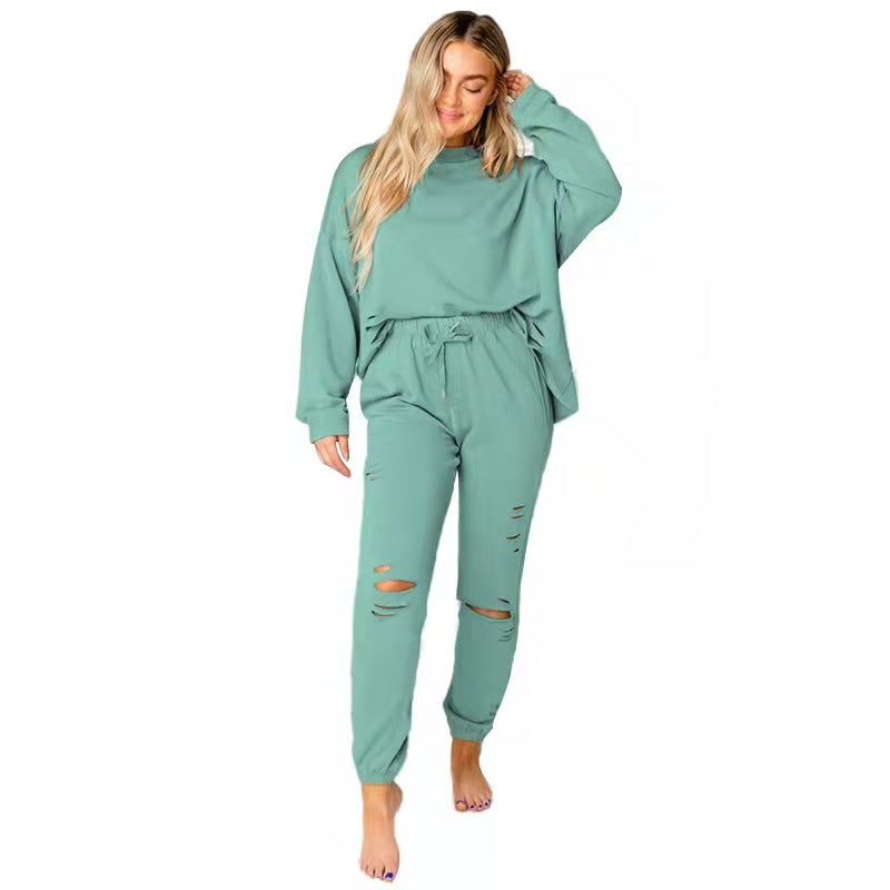Women's Solid Color Ripped round Neck Pullover Cotton Suit 2 piece