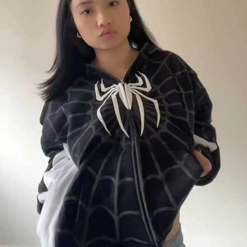 America Classics Gothic Red Spider Print Hooded Cardigan Full Zip up Loose Men Women Hip Hop Hoodie Jacket Y2K Street Sweatshirt
