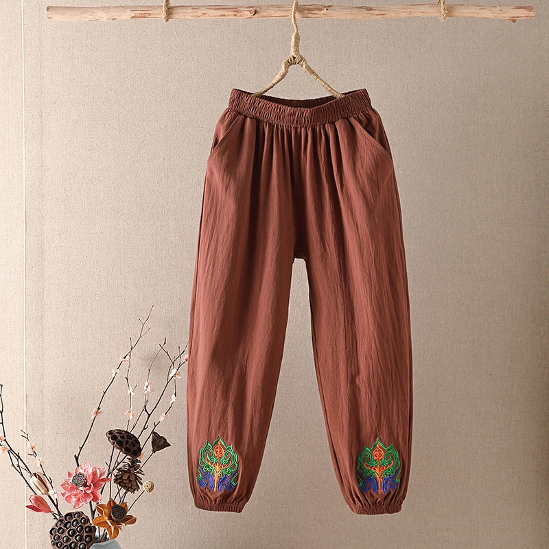 Casual Cotton Linen Pants, Elastic Waist