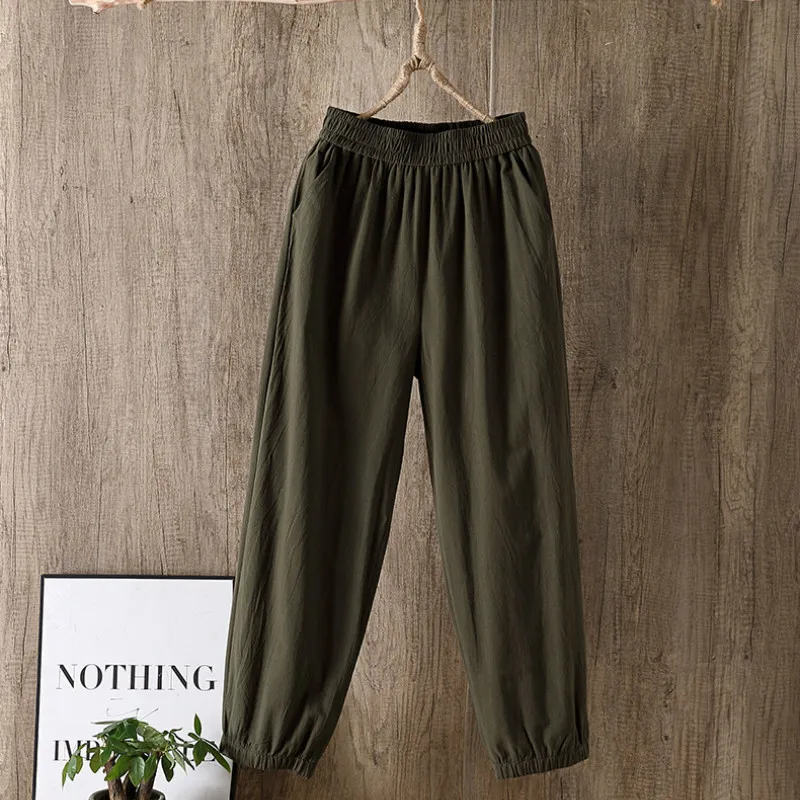 Casual Cotton Linen Pants, Elastic Waist