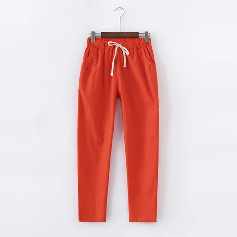 Casual Cotton Linen Pants, Elastic Waist