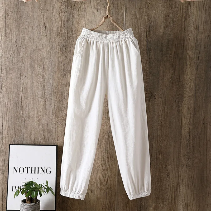 Casual Cotton Linen Pants, Elastic Waist