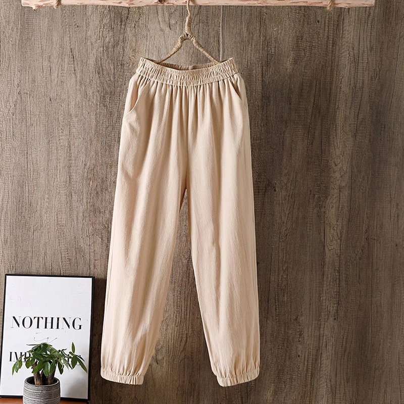 Casual Cotton Linen Pants, Elastic Waist