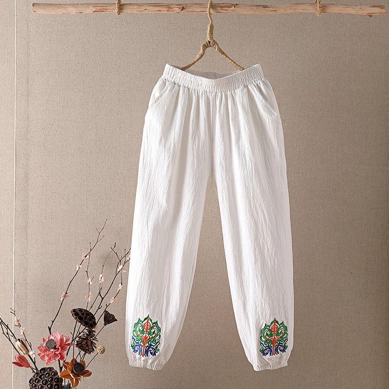 Casual Cotton Linen Pants, Elastic Waist