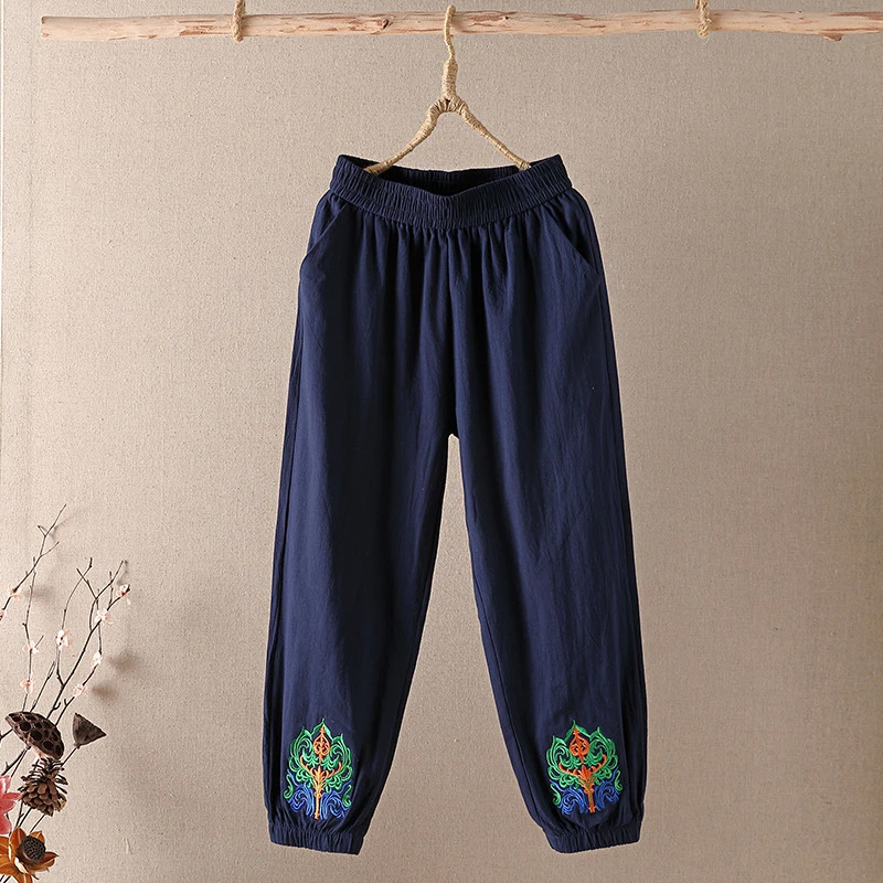 Casual Cotton Linen Pants, Elastic Waist
