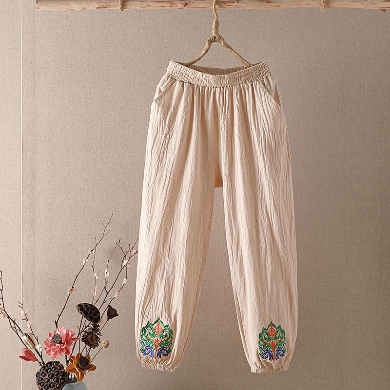 Casual Cotton Linen Pants, Elastic Waist