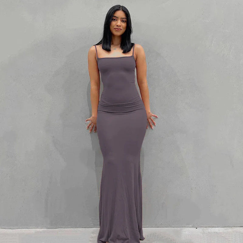 2023 Summer Women Sexy Spaghetti Strap Black Skims Long Dress Y2K Sleeveless Solid Skinny Bodycon Trumpet Maxi Dresses Vestidos