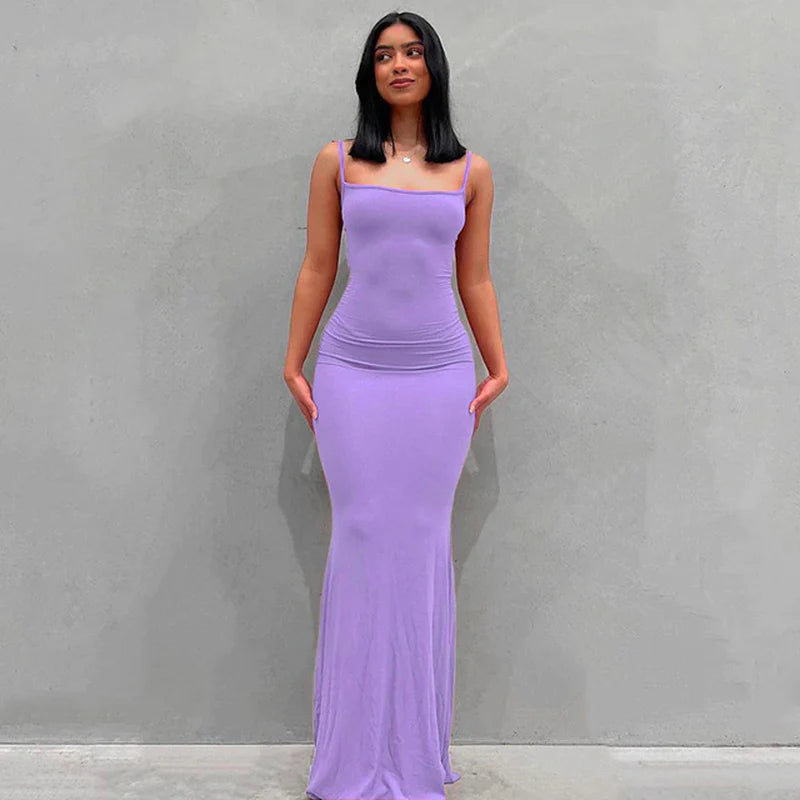 2023 Summer Women Sexy Spaghetti Strap Black Skims Long Dress Y2K Sleeveless Solid Skinny Bodycon Trumpet Maxi Dresses Vestidos