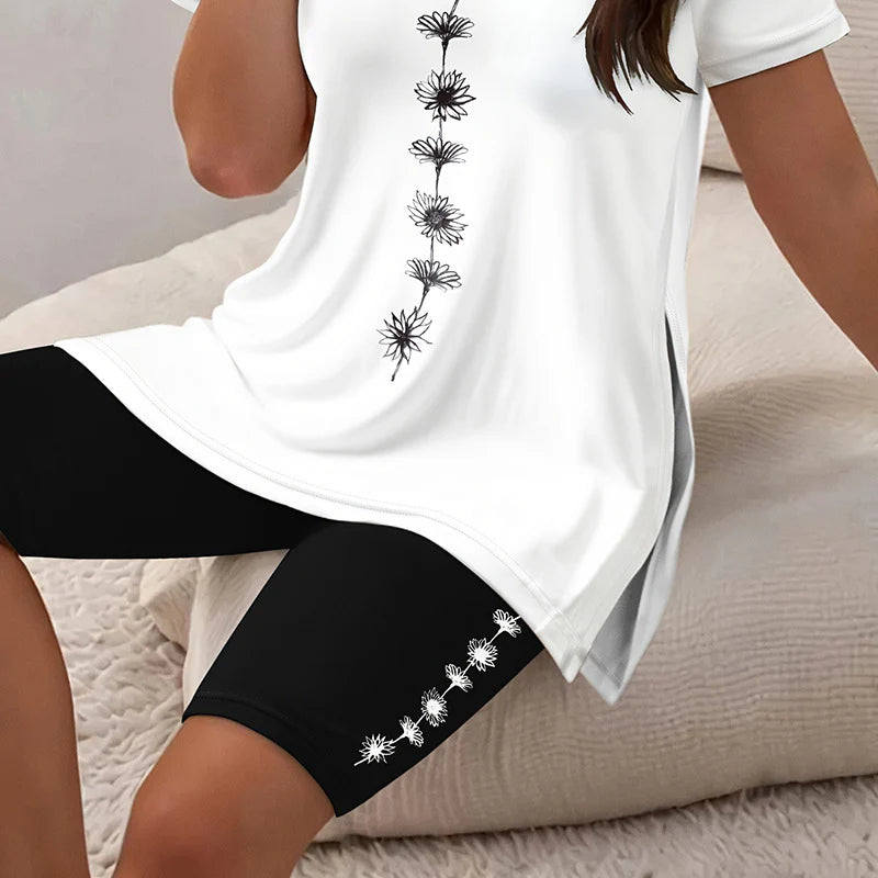 Women Two Piece Floral Set with Side Slit Top and Stretch Shorts