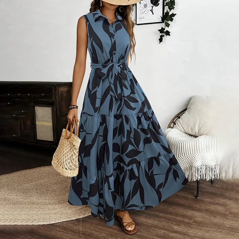 Women Summer Sleeveless Beach Vacation Style Drawstring Dress