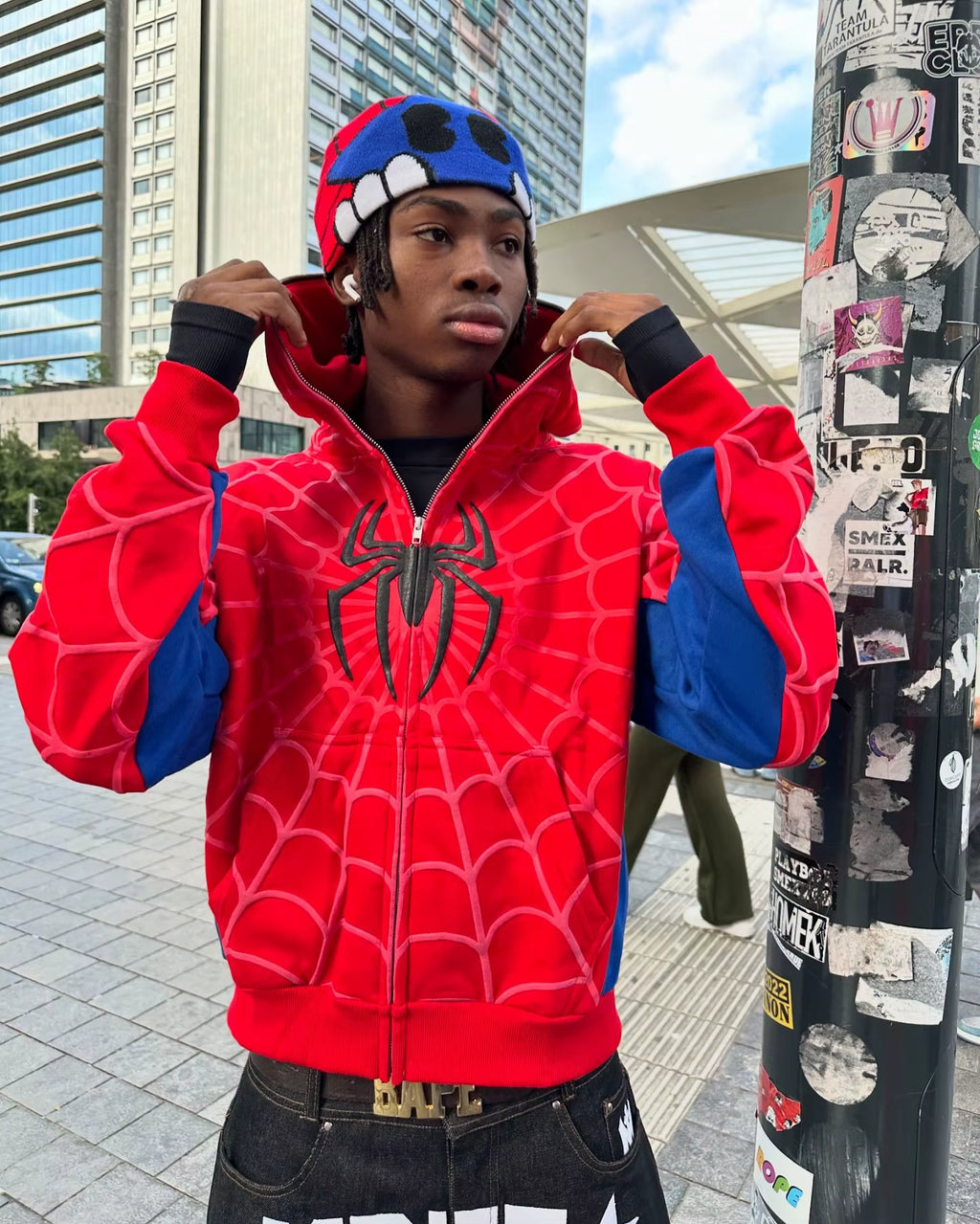 America Classics Gothic Red Spider Print Hooded Cardigan Full Zip up Loose Men Women Hip Hop Hoodie Jacket Y2K Street Sweatshirt