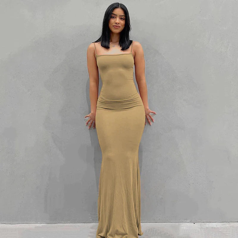 2023 Summer Women Sexy Spaghetti Strap Black Skims Long Dress Y2K Sleeveless Solid Skinny Bodycon Trumpet Maxi Dresses Vestidos