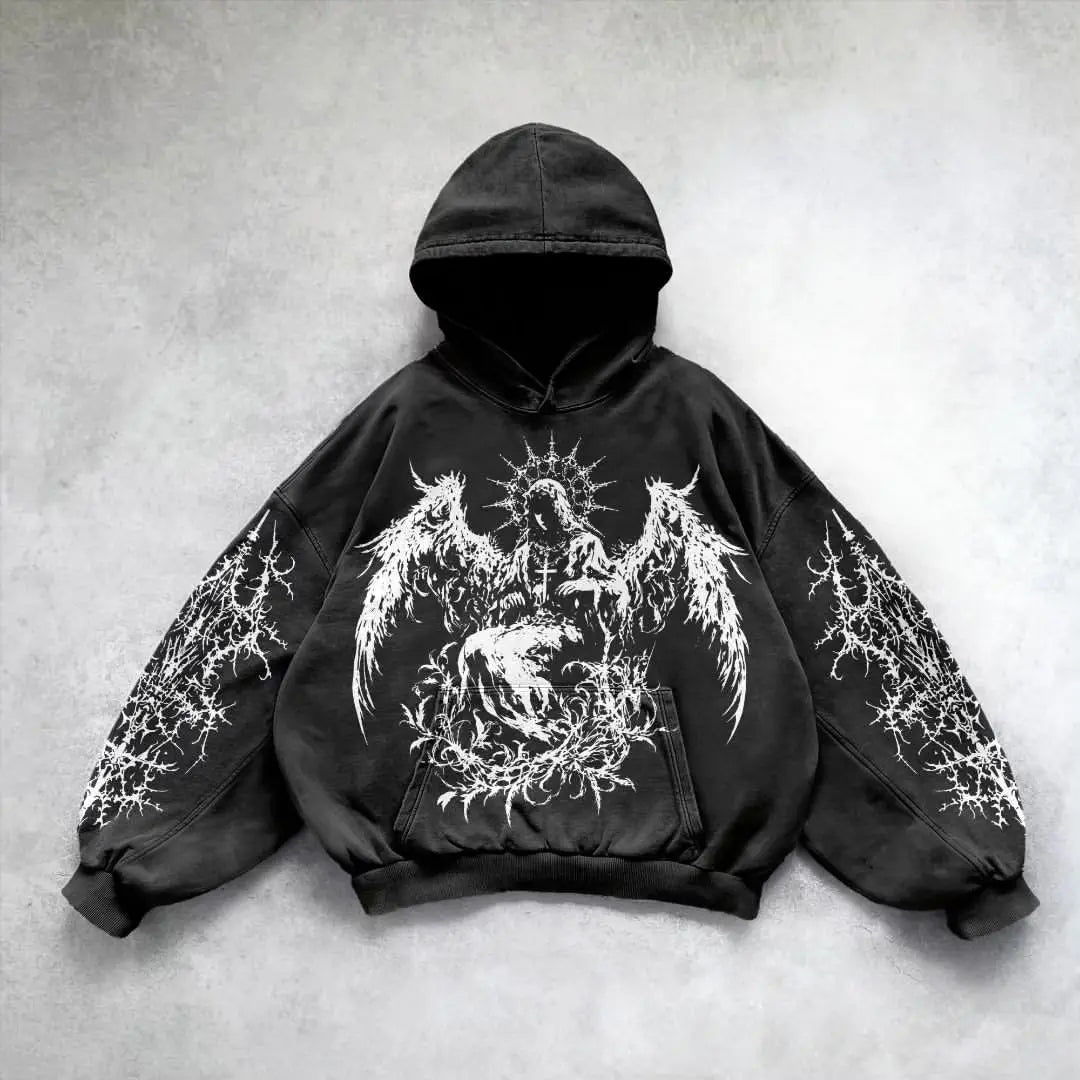 Harajuku Y2K Vintage Punk Solid Color Printed Men Casual Hoodie American Gothic Fashion Couple Casual Hoodie Sweatshirt