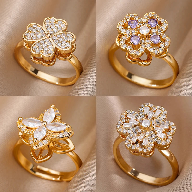Four Clover Rotating Anxiety Rings for Women Gold Color Adjustable Stainless Steel Wedding Ring Aesthetic Jewelry Gift Anillos