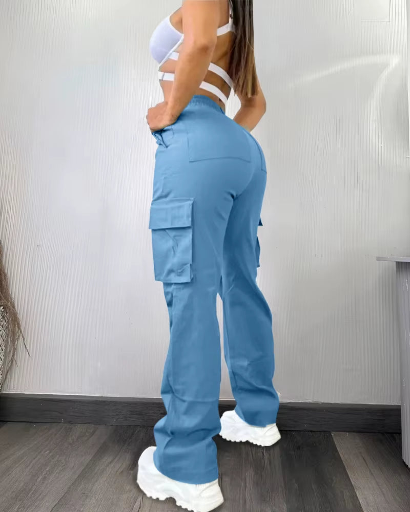 Women'S Pants Fashion Spring New High Waist Pocket Design Cargo Pants Casual Loose Fit Active Pants Shipped within 48 Hours