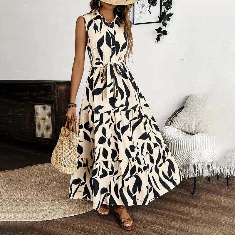 Women Summer Sleeveless Beach Vacation Style Drawstring Dress