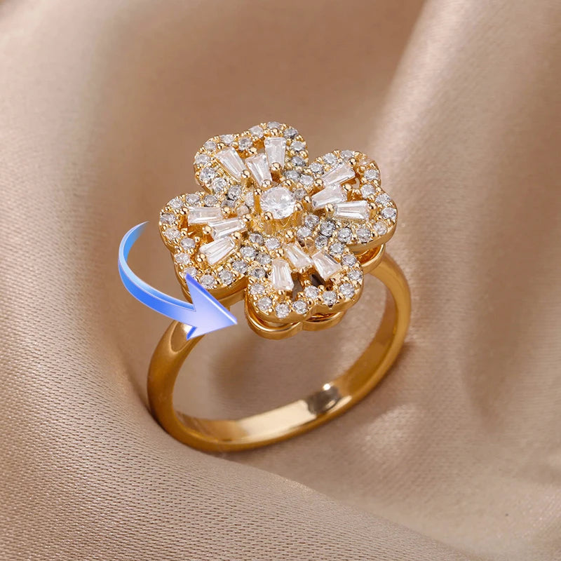 Four Clover Rotating Anxiety Rings for Women Gold Color Adjustable Stainless Steel Wedding Ring Aesthetic Jewelry Gift Anillos