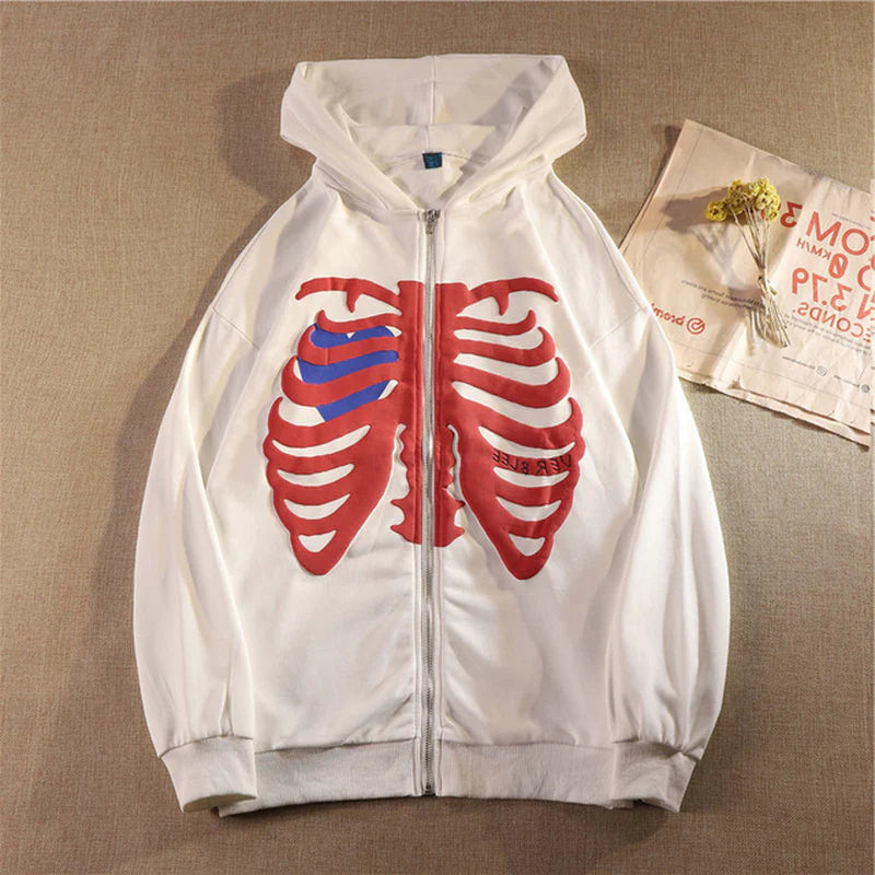 Y2K Harajuku Korean Style Loose Skeleton Zip up Hoodie Goth Grunge Long-Sleeved Hooded Jacket Retro Black Oversized Sweatshirt