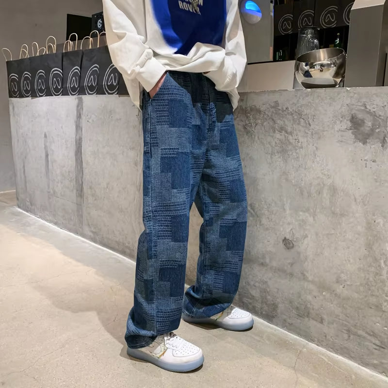 Blue Black Plaid Jeans Men Retro Casual Wide-Leg Jeans Mens Streetwear Loose Hip-Hop Straight Denim Trousers Men Vintage Jeans