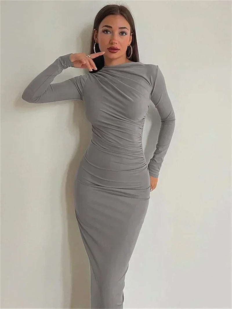 Fashion Pleated Autumn Dress Patchwork Elegant Women Long Sleeve Solid Vestidos Slim High Waist Bodycon Maxi Dress 2023