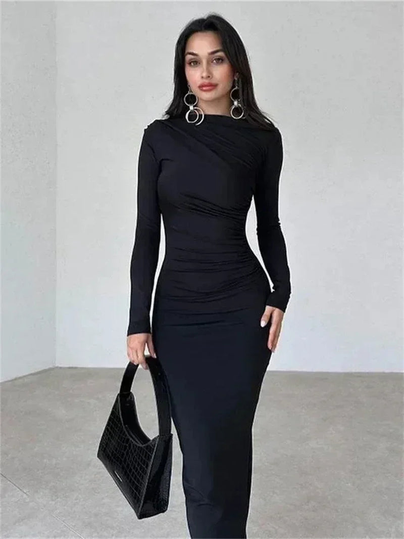 Fashion Pleated Autumn Dress Patchwork Elegant Women Long Sleeve Solid Vestidos Slim High Waist Bodycon Maxi Dress 2023