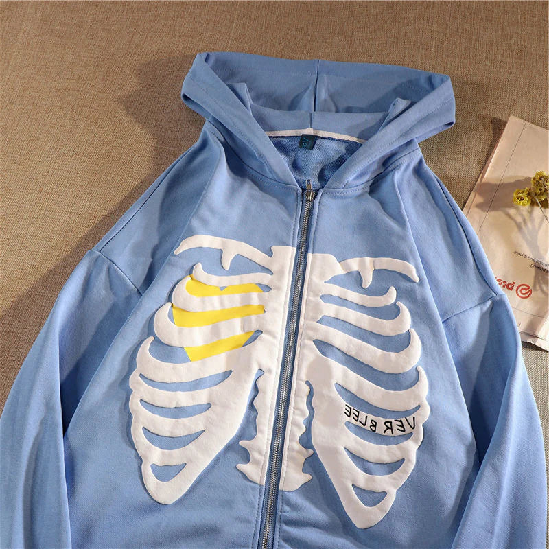Y2K Harajuku Korean Style Loose Skeleton Zip up Hoodie Goth Grunge Long-Sleeved Hooded Jacket Retro Black Oversized Sweatshirt