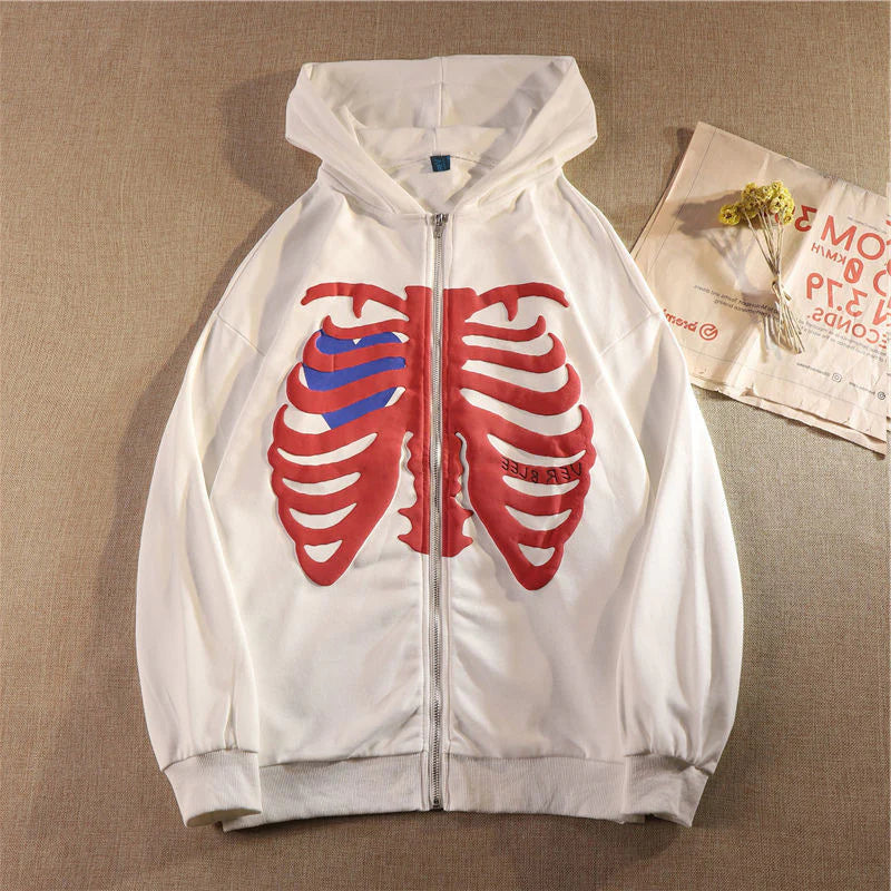 Y2K Harajuku Korean Style Loose Skeleton Zip up Hoodie Goth Grunge Long-Sleeved Hooded Jacket Retro Black Oversized Sweatshirt