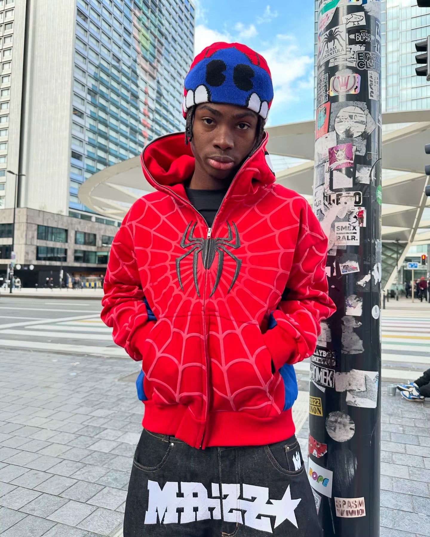 America Classics Gothic Red Spider Print Hooded Cardigan Full Zip up Loose Men Women Hip Hop Hoodie Jacket Y2K Street Sweatshirt