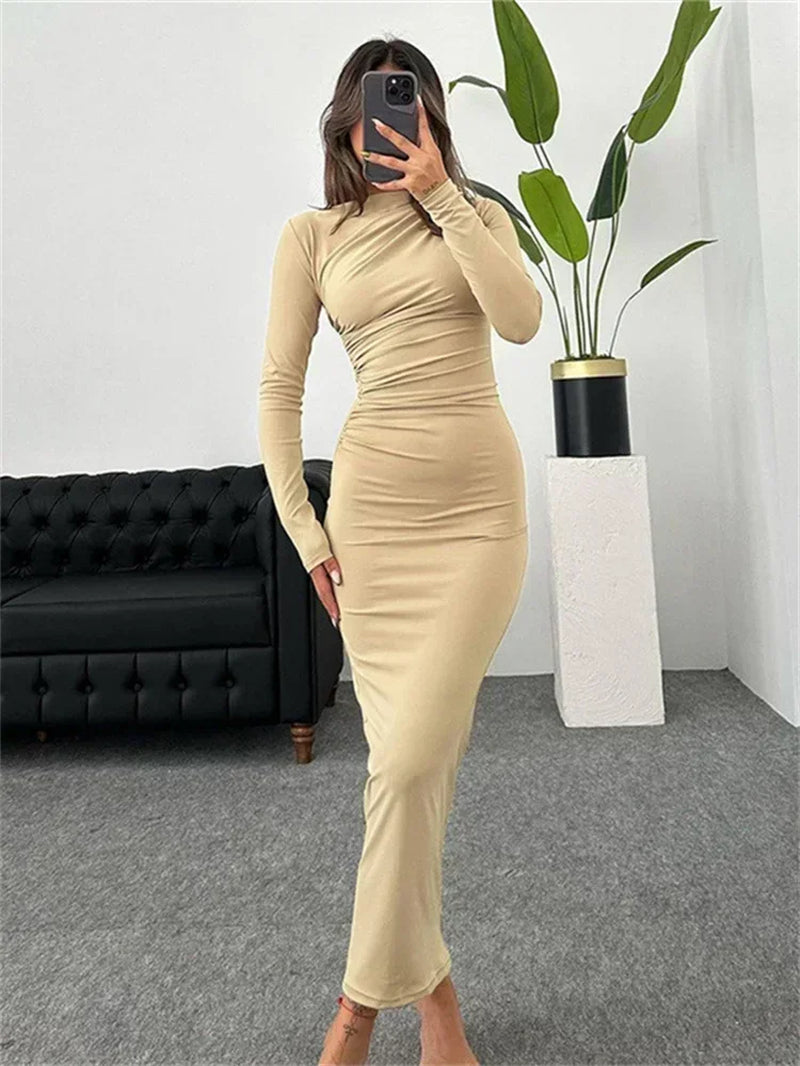 Fashion Pleated Autumn Dress Patchwork Elegant Women Long Sleeve Solid Vestidos Slim High Waist Bodycon Maxi Dress 2023