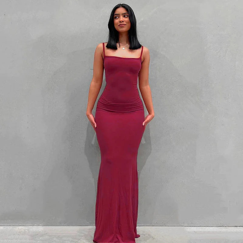 2023 Summer Women Sexy Spaghetti Strap Black Skims Long Dress Y2K Sleeveless Solid Skinny Bodycon Trumpet Maxi Dresses Vestidos