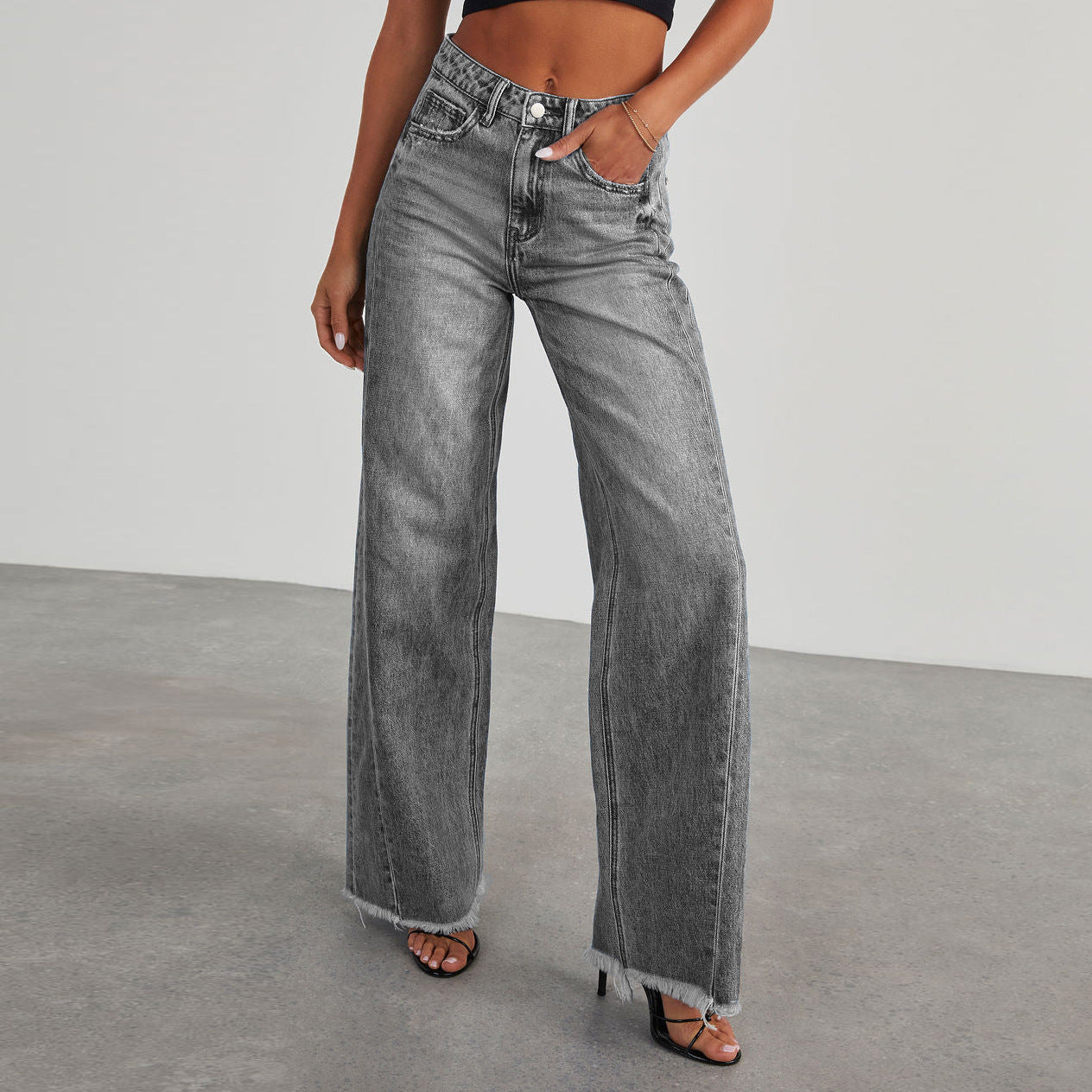 Fashion High Waist Jeans with Pockets Comfortable Slim Fit Straight Wide-Leg Pants Womens Clothing