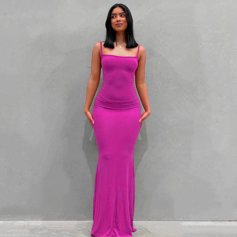 2023 Summer Women Sexy Spaghetti Strap Black Skims Long Dress Y2K Sleeveless Solid Skinny Bodycon Trumpet Maxi Dresses Vestidos