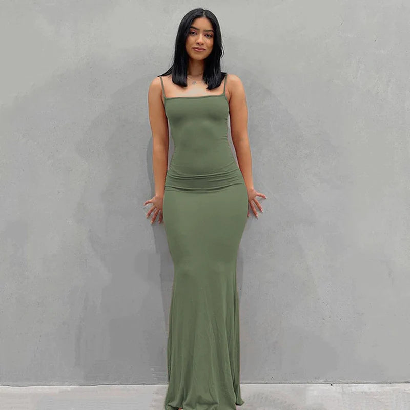 2023 Summer Women Sexy Spaghetti Strap Black Skims Long Dress Y2K Sleeveless Solid Skinny Bodycon Trumpet Maxi Dresses Vestidos