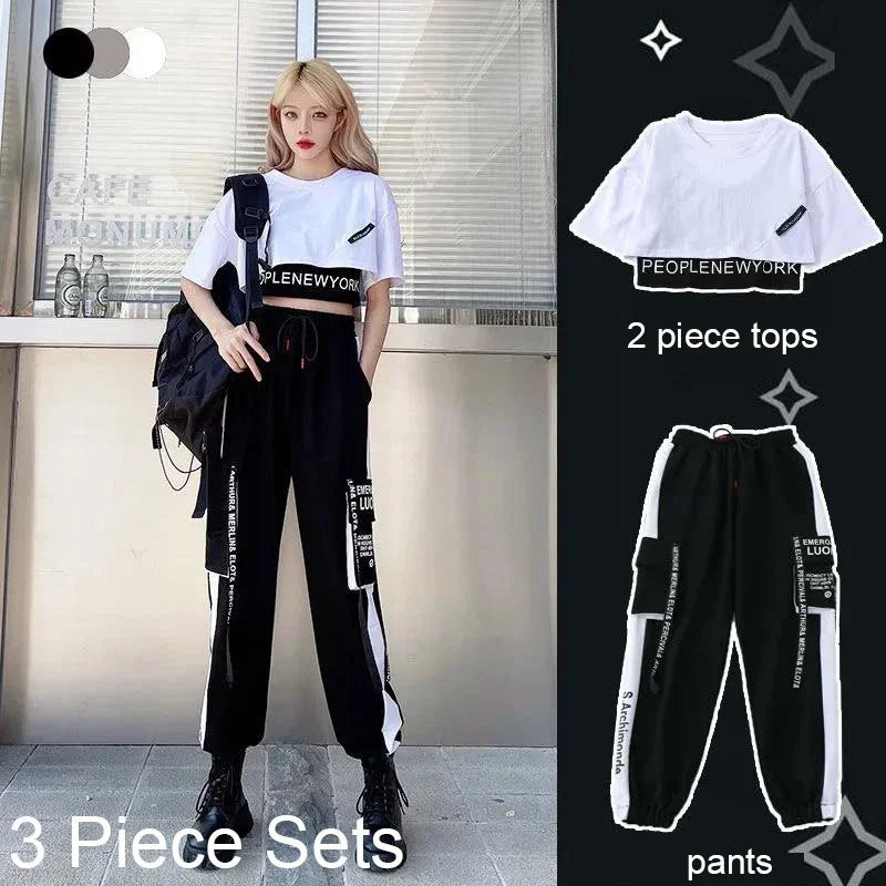 Summer Casual 3 Piece Sets Women Short Sleeve Crop Tops+Cargo Pants Suit 2025 New Korean Style Loose Fashion Woman'S Clothing