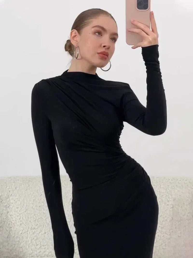 Fashion Pleated Autumn Dress Patchwork Elegant Women Long Sleeve Solid Vestidos Slim High Waist Bodycon Maxi Dress 2023