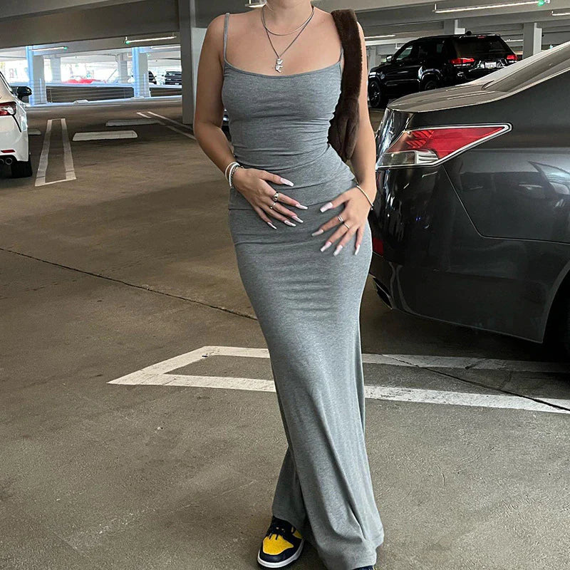 2023 Summer Women Sexy Spaghetti Strap Black Skims Long Dress Y2K Sleeveless Solid Skinny Bodycon Trumpet Maxi Dresses Vestidos