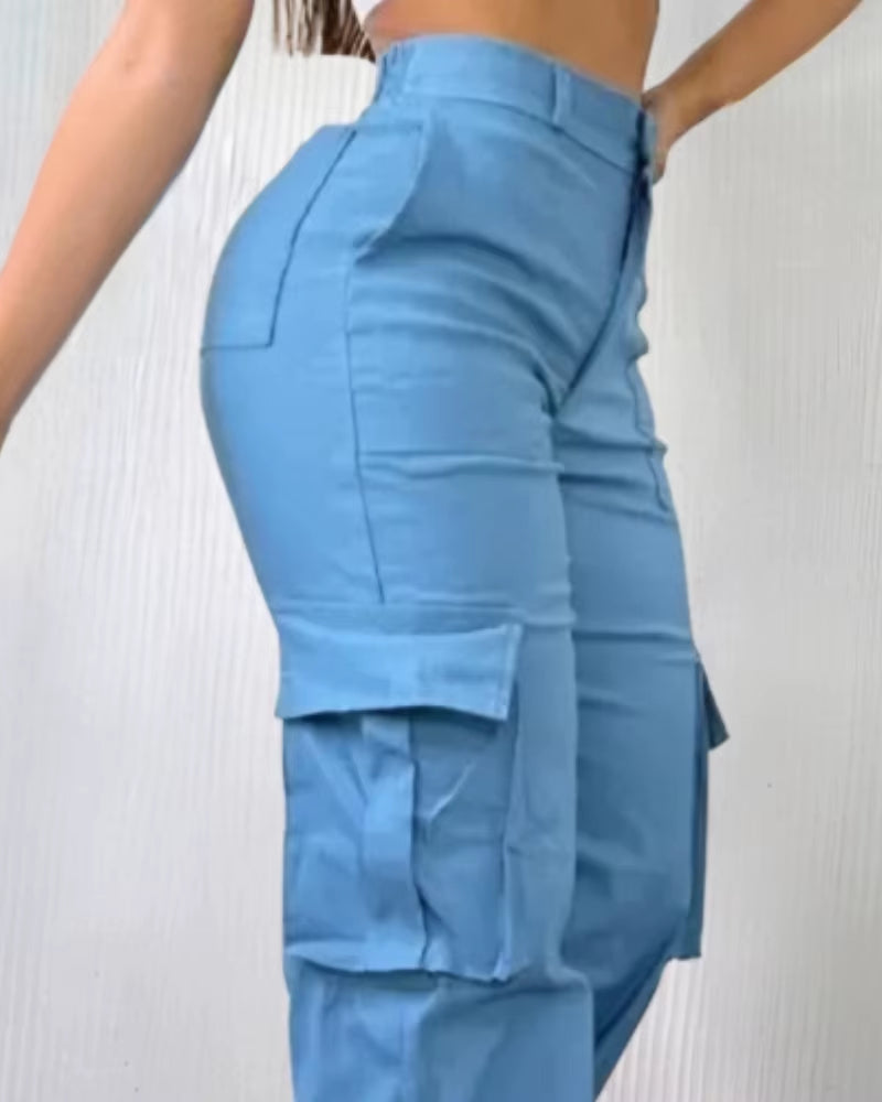 Women'S Pants Fashion Spring New High Waist Pocket Design Cargo Pants Casual Loose Fit Active Pants Shipped within 48 Hours