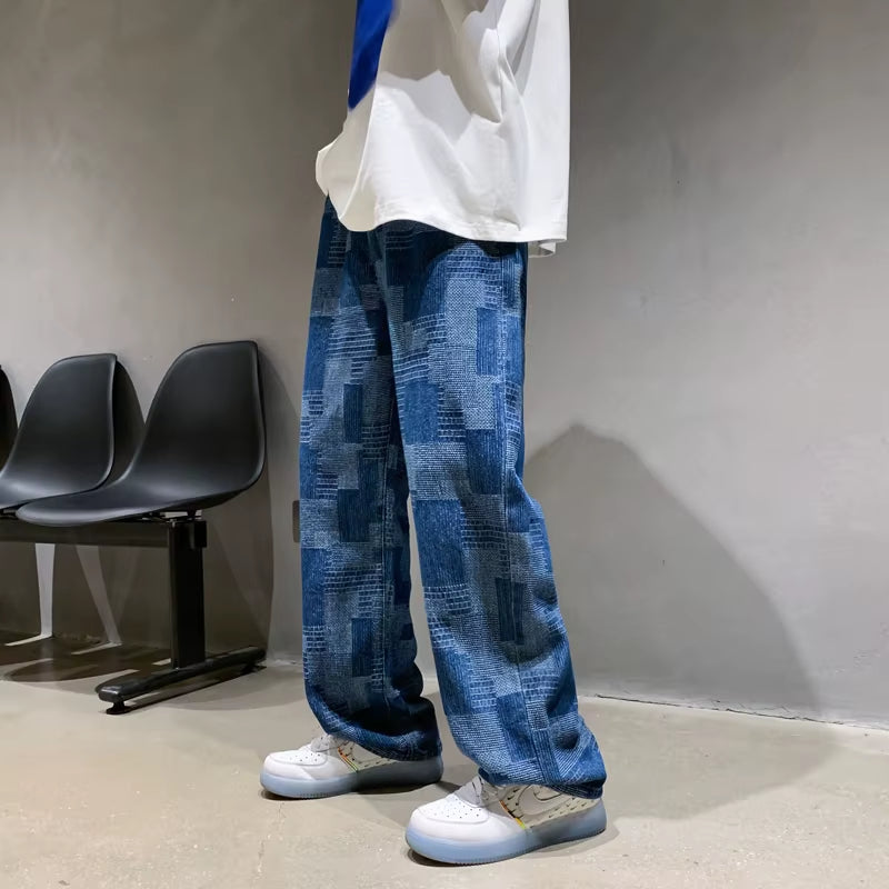 Blue Black Plaid Jeans Men Retro Casual Wide-Leg Jeans Mens Streetwear Loose Hip-Hop Straight Denim Trousers Men Vintage Jeans