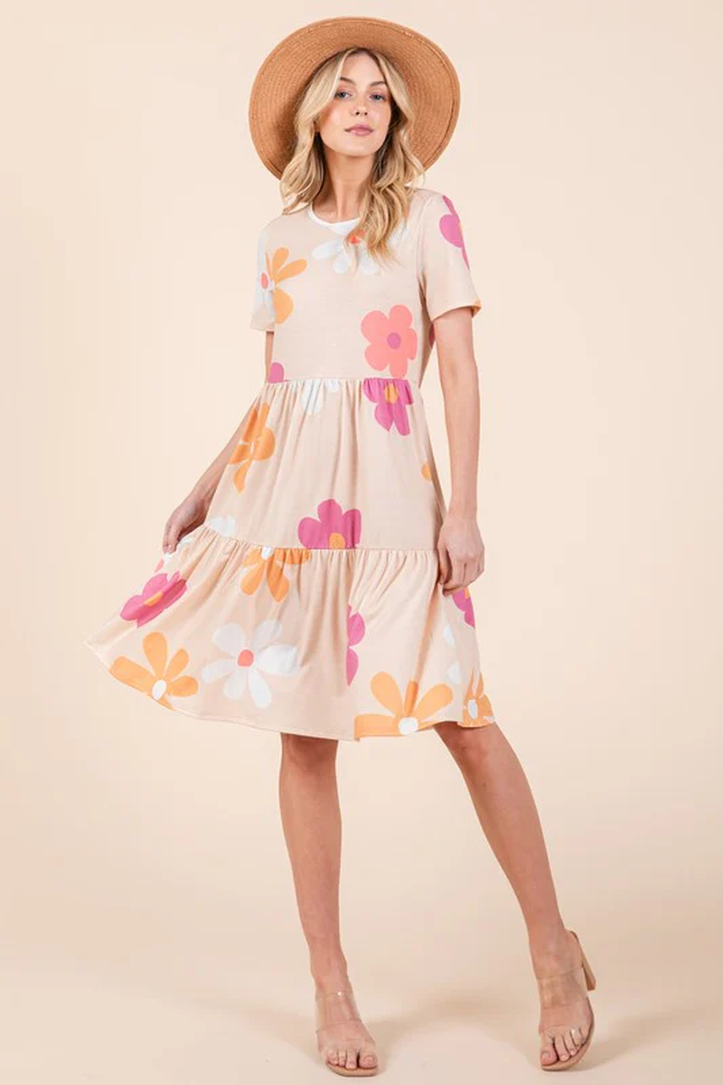 BOMBOM Floral round Neck Short Sleeve Tiered Dress